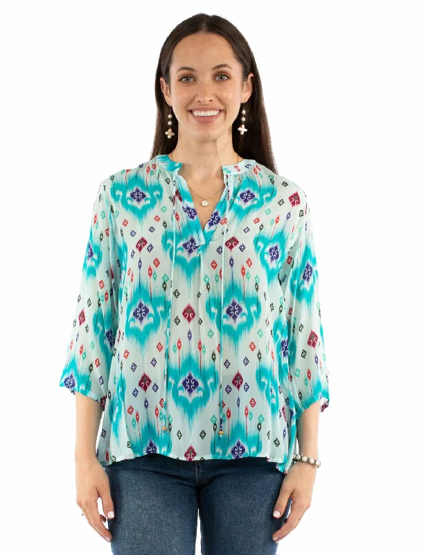 Trendy Wear Scully Womens Vibrant Mandarin Collar Aqua Viscose 3/4 Sleeve S/S Blouse