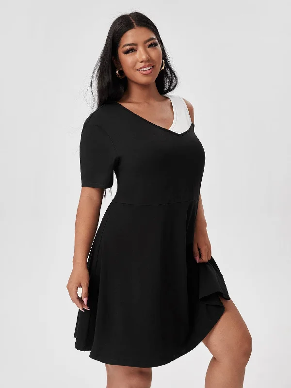 Cozy Fit Wear Casual Colorblock Cut Out Short Sleeve V Neck Flared High Waist Short Plus Size Dress