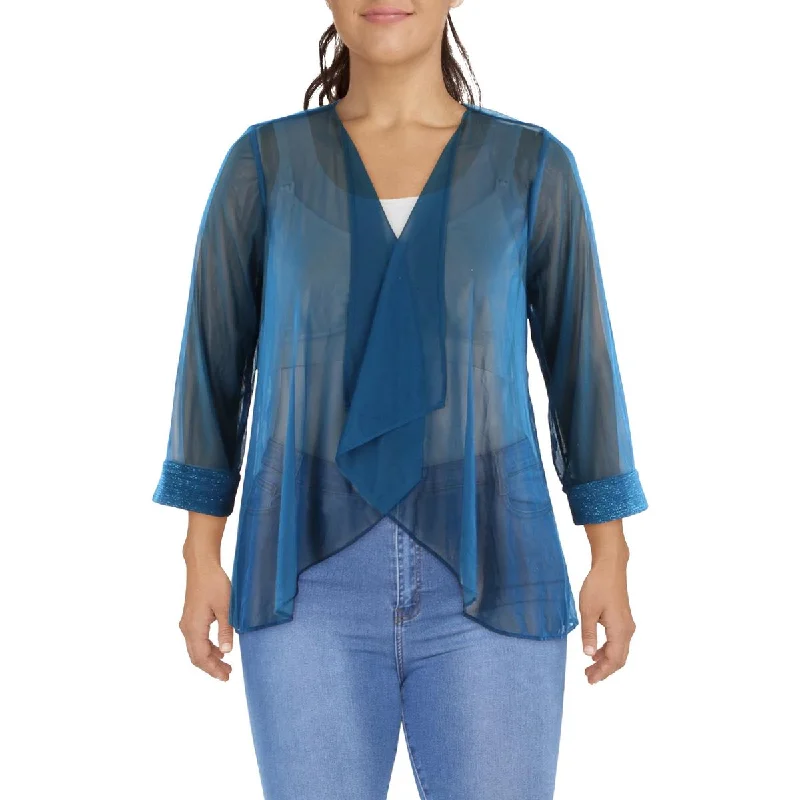 Cozy Fit Plus Womens Mesh Glitter Duster Blazer