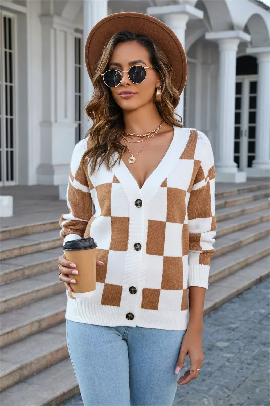Easygoing Outfits Button-Up Plaid V-Neck Dropped Shoulder Cardigan