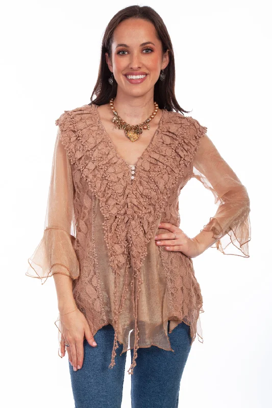 Effortless Dressing Scully Womens Natural Cotton Blend Double Ruffle S/S Blouse M