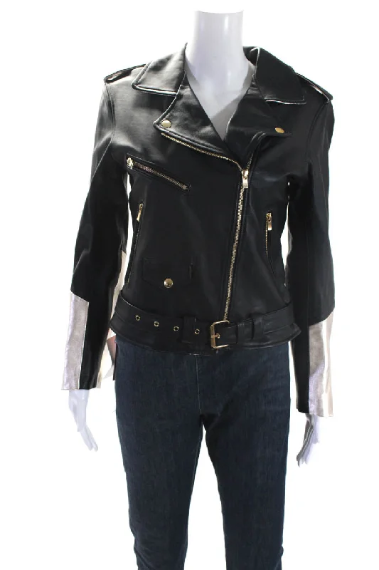 Noble And Elegant Alice Balas Womens Metallic Studded Leather Jacket Black Champagne
