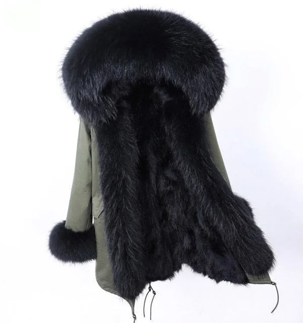 Army Green Natural Raccoon Fur Collar and Hood Women's Winter Jacket