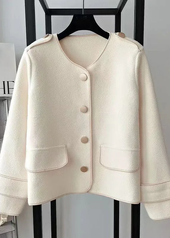 Beautiful Beige O Neck Pockets Woolen Short Coat Fall