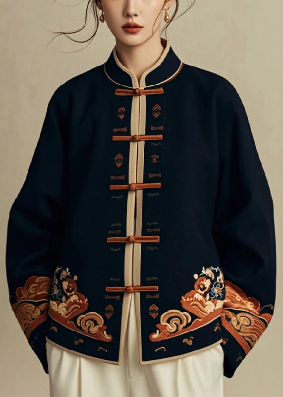 Breathable Design Chinese Style Navy Stand Collar Print Cotton Coats Fall