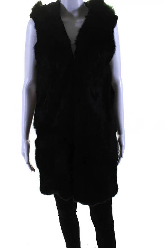 Designer Womens Hook Front Raccoon Fur Trim Rabbit Vest Jacket Black Green Small