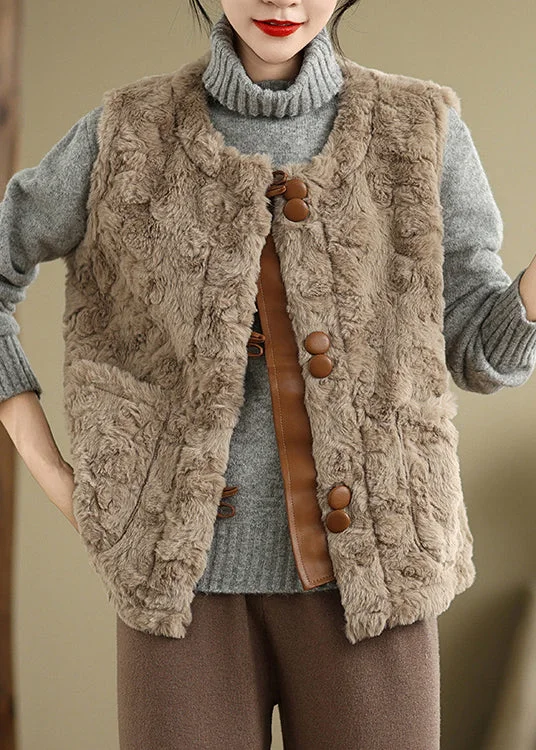 Elegant Khaki Button Pockets Teddy Faux Fur Waistcoat Sleeveless