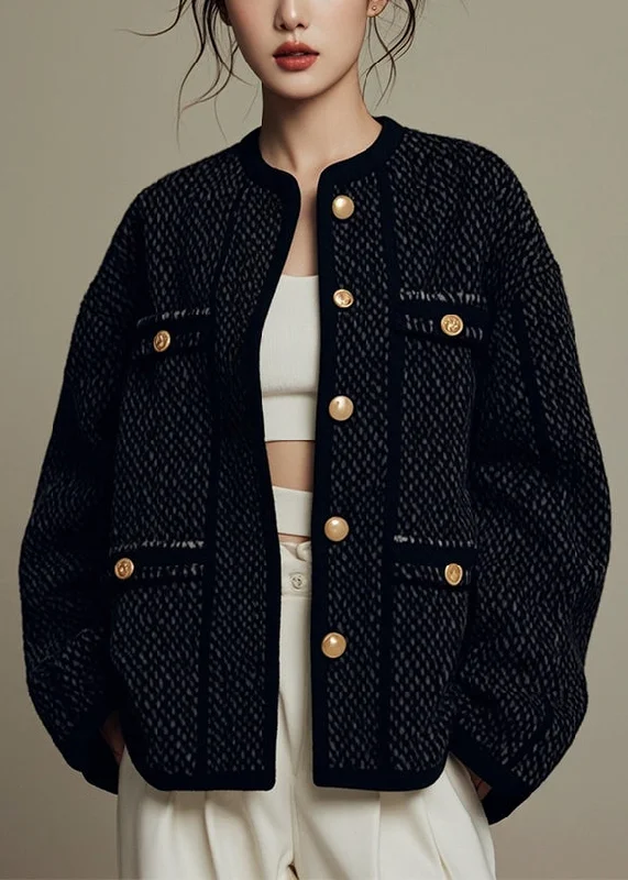 Fashionable And Fashionable French Black O Neck Button Cotton Coats Winter