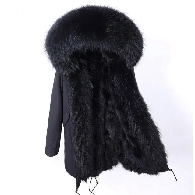 Full Black Long Thick Winter Jacket for Women with Natural Raccoon Fur Hood