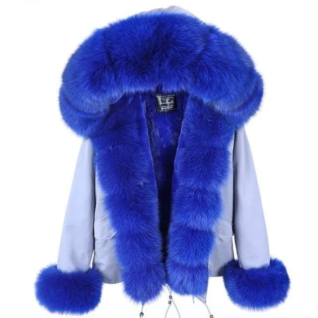 Full Sleeve Real Fox Raccoon Fur Thick Warm Winter Hood Jacket for Women