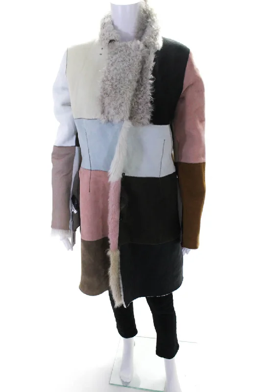 Perfect Tailoring Kervin Marc Womens Leather Multicolor Patchwork Collar Shearling Coat