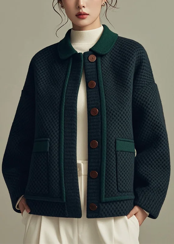 Fashion Classic Loose Green Peter Pan Collar Button Pockets Cotton Coats Winter