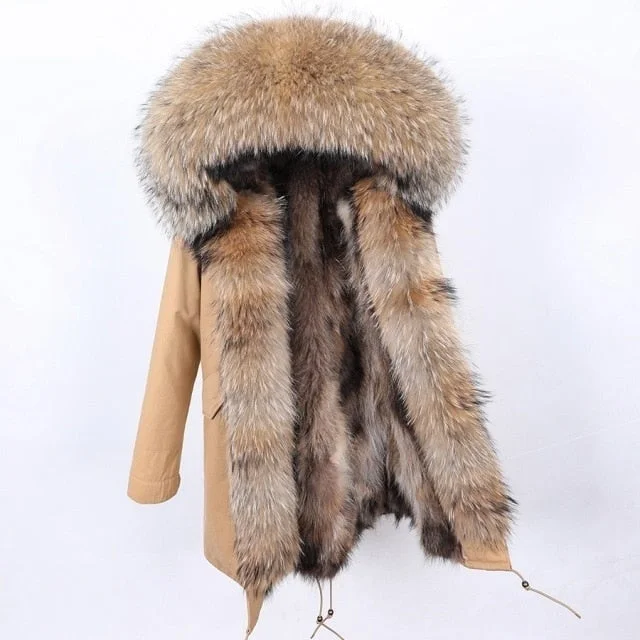 Natural Raccoon Fur Collar Hooded Long Thick Warm Winter Jacket for Women