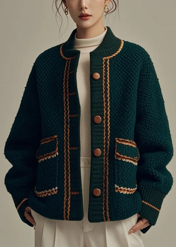 Exquisite Design New Green Button Pockets Patchwork Coats Winter
