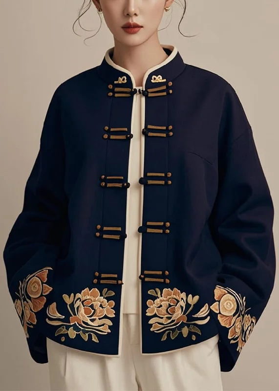 Classic Color New Navy Chinese Button Print Cotton Coat Fall