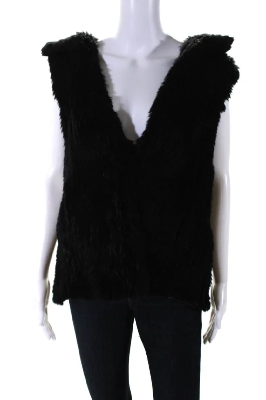 Pologeorgis Womens Rabbit Fur Dyed Sleeveless Open Collared Vest Black