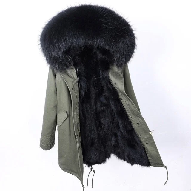 Stylish Long Winter Jacket for Women with Black Natural Raccoon Fur Hood