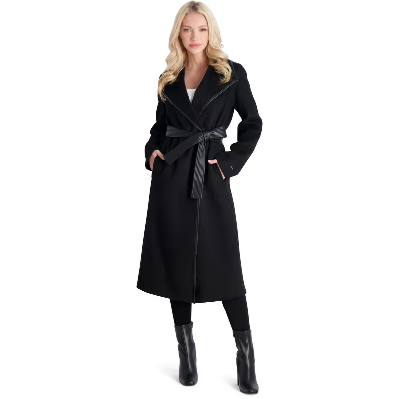 Tahari Juliette Women's Wool Blend Double Face Faux Leather Trim Belted Coat