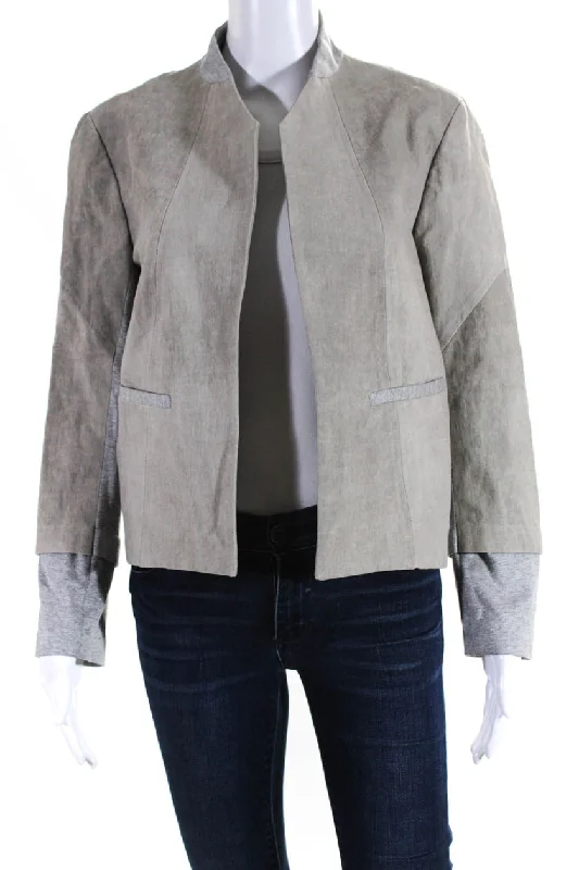 VPL Womens Linen Cropped Open Front Jacket Gray