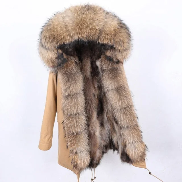 Winter Fashion Women's Warm Hooded Jacket with Natural Raccoon Fur Collar