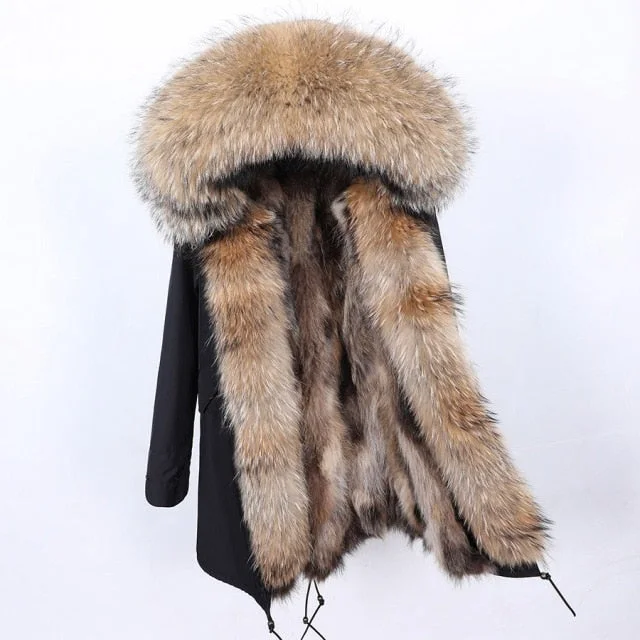 Women's Black Long Jacket with Contrast Natural Raccoon Fur Collar and Hood