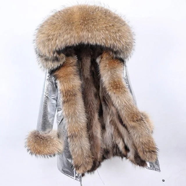 Women's Long Jacket with Contrast Raccoon Fur in Collar Hood and Sleeves