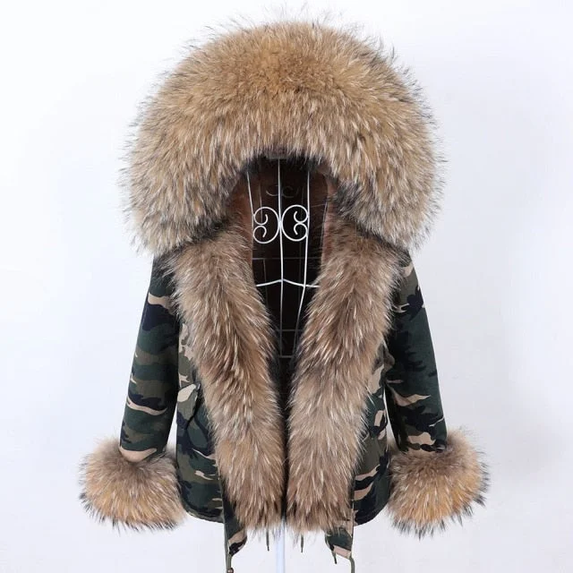Fresh And Fashionable Women's Thick and Warm Parkas with Natural Racoon Fur Sleeves and Collar Fresh And Fashionable Women's Thick and Warm Parkas with Natural Racoon Fur Sleeves and Collar