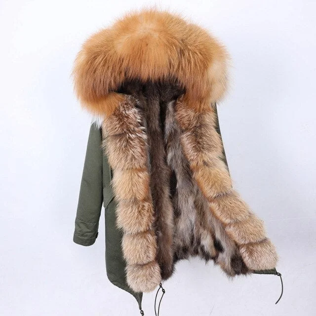 Women's Thick Warm Long Real Fur Winter Jacket with Fur Collar