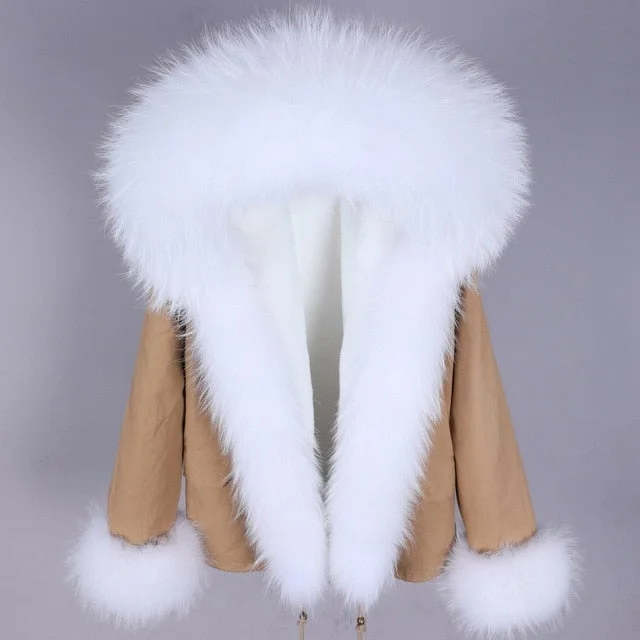 Women's Winter Style Contrasting Natural Racoon Fur Sleeves and Collar Parkas