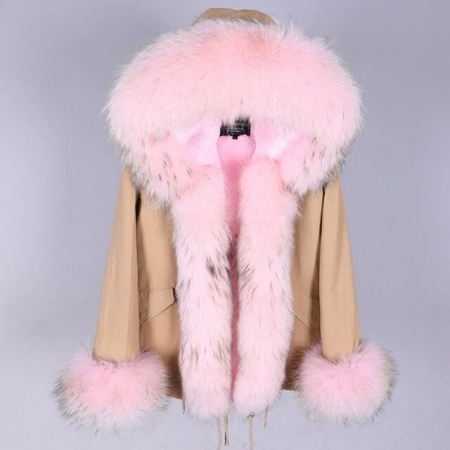 Women's Winter Style Natural Racoon Fur Long Sleeves and Fur Collar Parkas