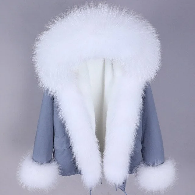 Women's Winter Style Natural Racoon Fur Sleeves and Collar Thick Warm Parkas