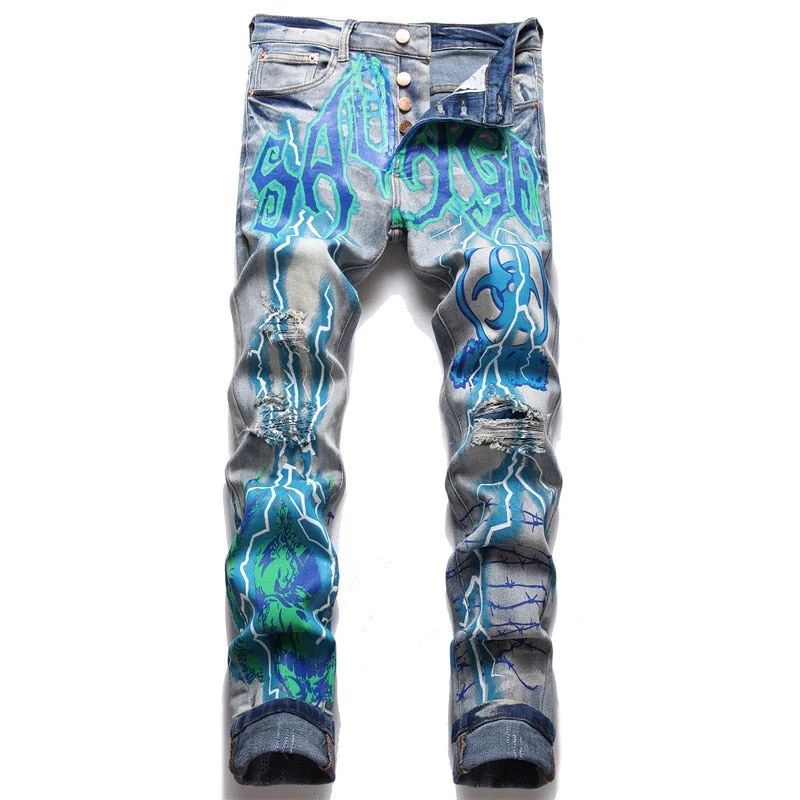 Men's Vintage Blue Denim Lightning Painted Ripped Stretch Jeans Pants