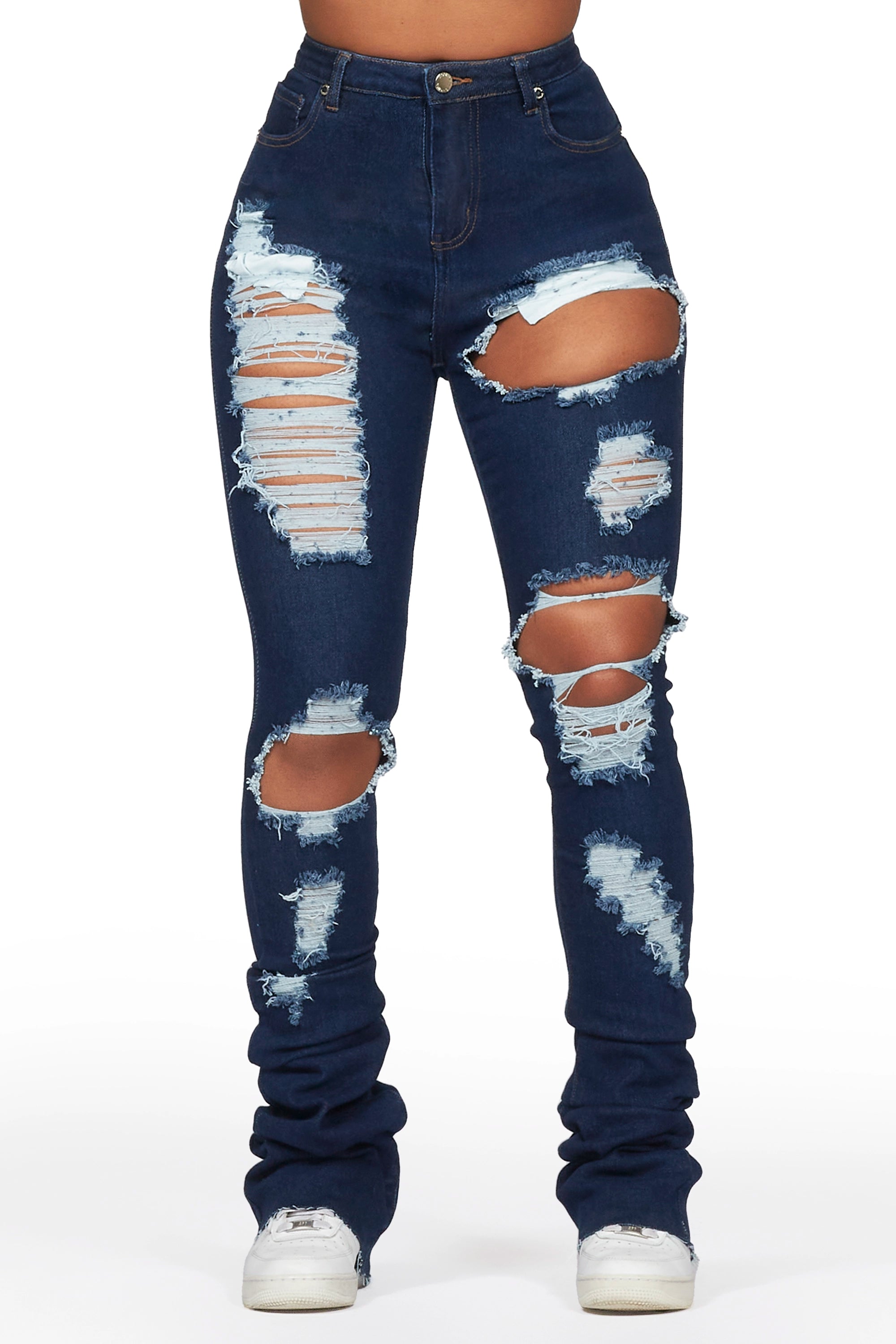 Nadine Dark Wash Distressed Super Stacked Jean