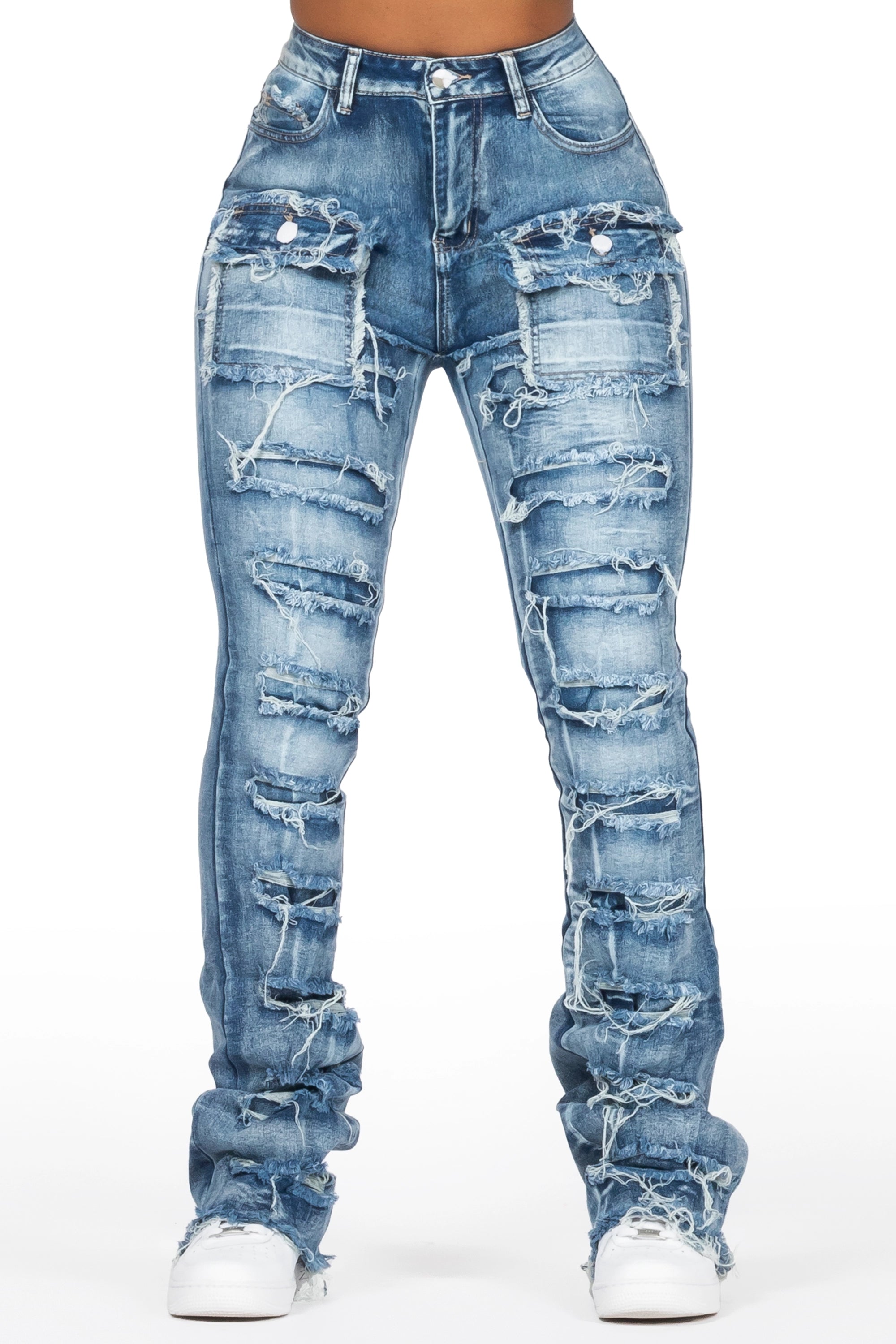 Kanivia Med. Wash Cargo Stacked Flare Jean