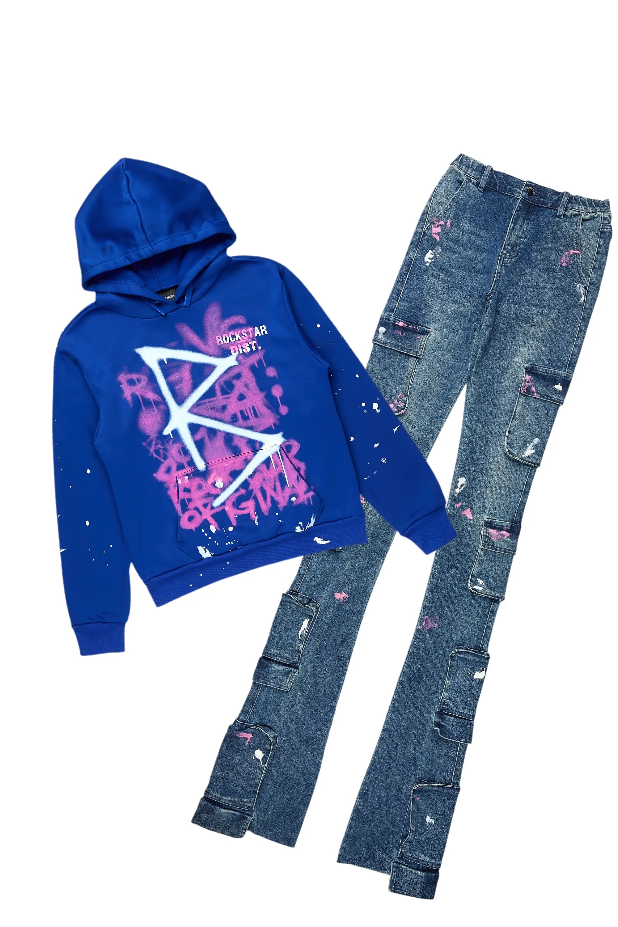 Deandra Blue Hoodie/Super Stacked Jean Set