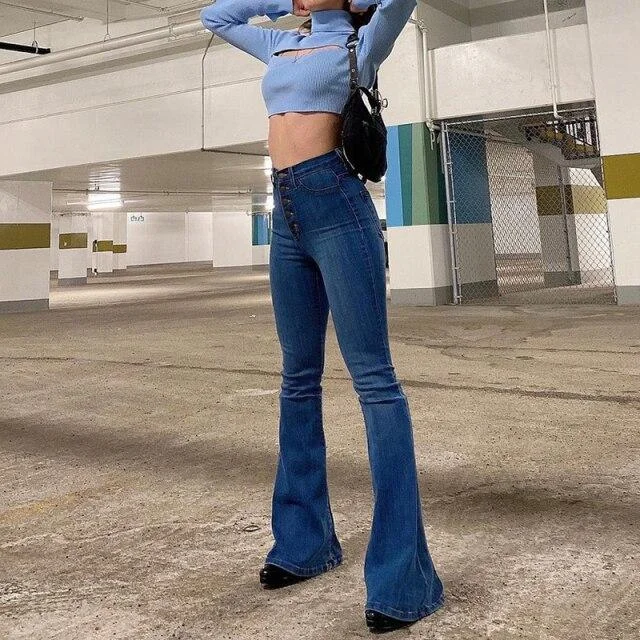 Vintage Women's Denim High Waist Single Button Flare Jeans Pants Trousers