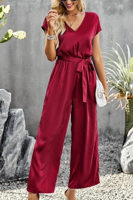 V NECK TIED WAIST SHORT SLEEVE WIDE JUMPSUIT