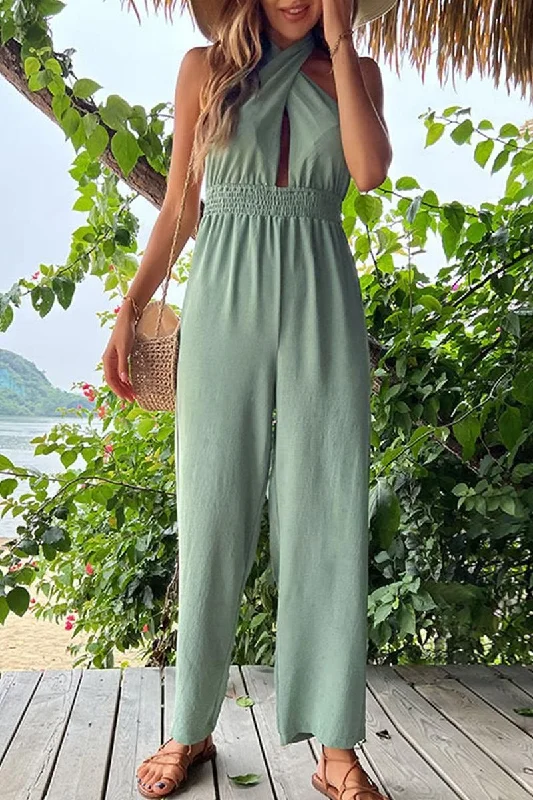 CROSS HALTER NECK TIGHTEN WAIST JUMPSUIT