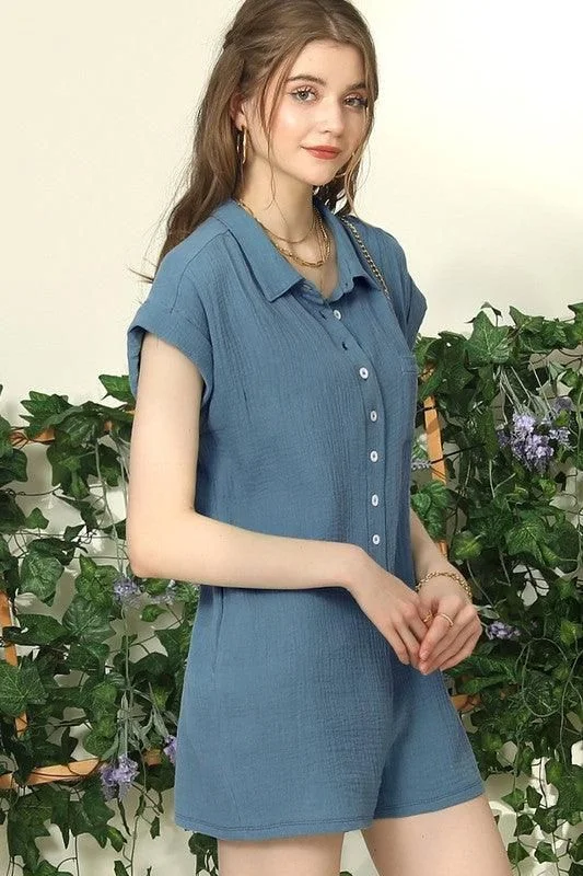 New Products JOHNNY COLLARS BUTTON CLOSER SHORT JUMPSUIT ROMPER