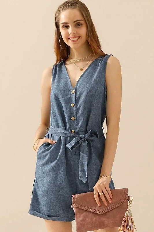 SLEEVELESS BUTTON TIED WAIST ROLL UP ROMPER