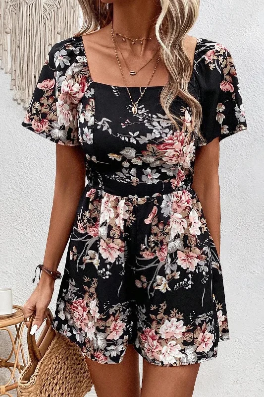 FLORAL SQUARE NECK CUT OUT BACK SUMMER ROMPER