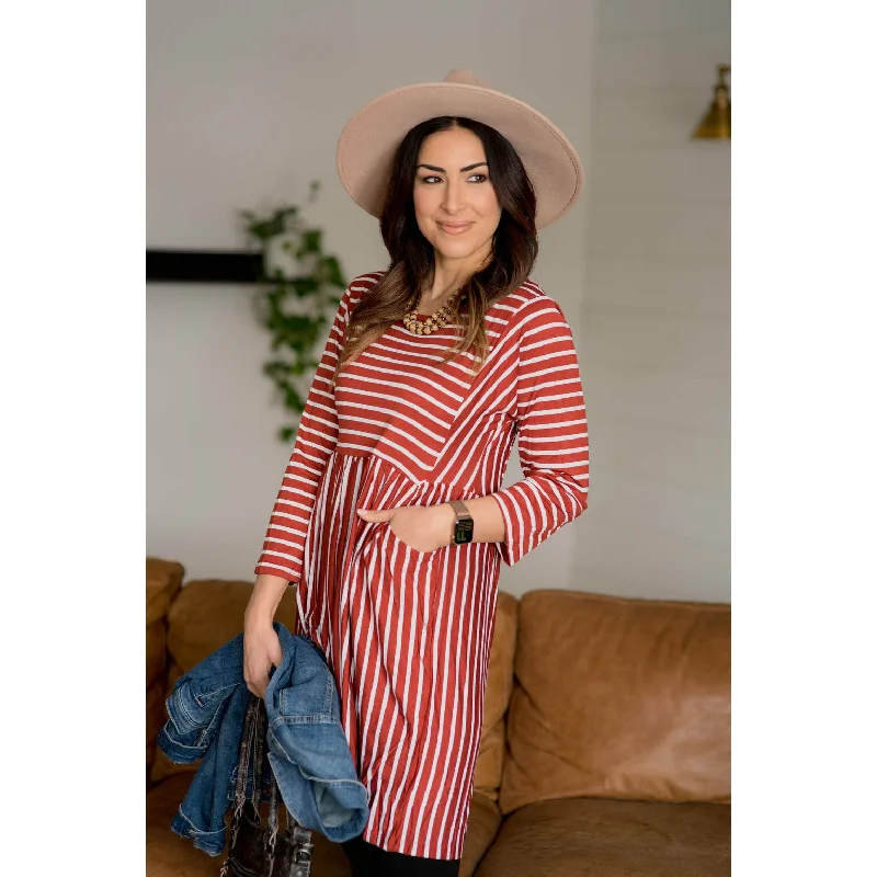 Mixed Striped Long Sleeve Pocket Dress - Rust