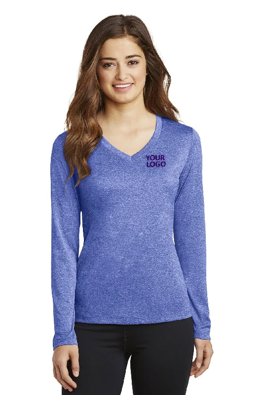 Sport-Tek Ladies Long Sleeve Branded Heather Contender V-Neck Tee's, True Royal Heather