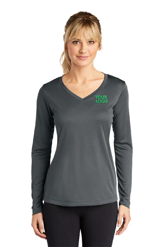 Sport-Tek Ladies Long Sleeve PosiCharge Competitor Customized V-Neck Tee's, Iron Grey