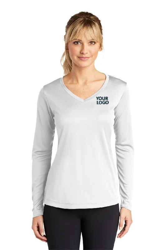 Sport-Tek Ladies Long Sleeve PosiCharge Competitor Branded V-Neck Tee's, White