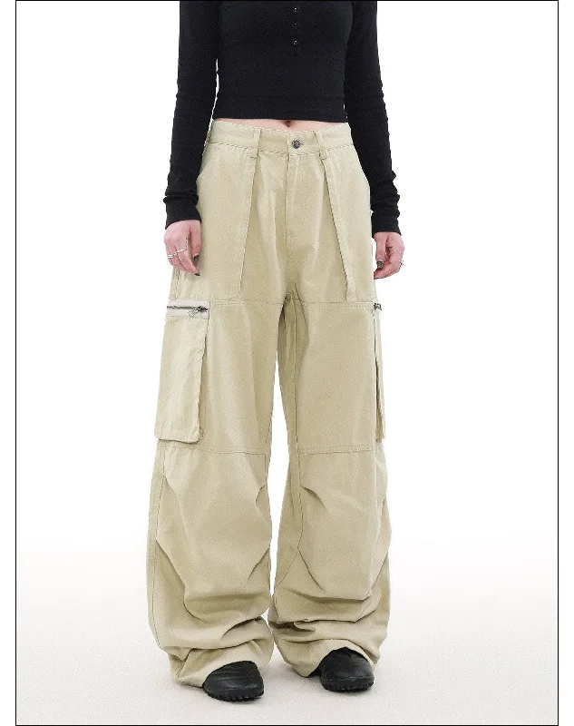 Stitched Pleats Wide Leg Cargo Pants