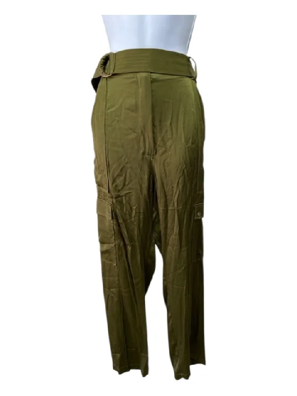 Intermix Size XL Olive Green Cupro Blend Satin Cargo Sash Hook & Zip Pants