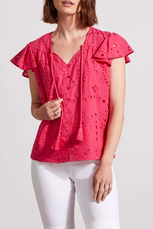 Tribal Cap Sleeve Button Down Blouse - Raspberry