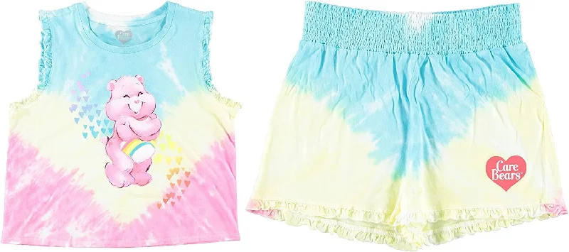 Care Bears Woman's Juniors Tie Dye Crop Tee and Shorts - Cheer Bear Tie Dye Set