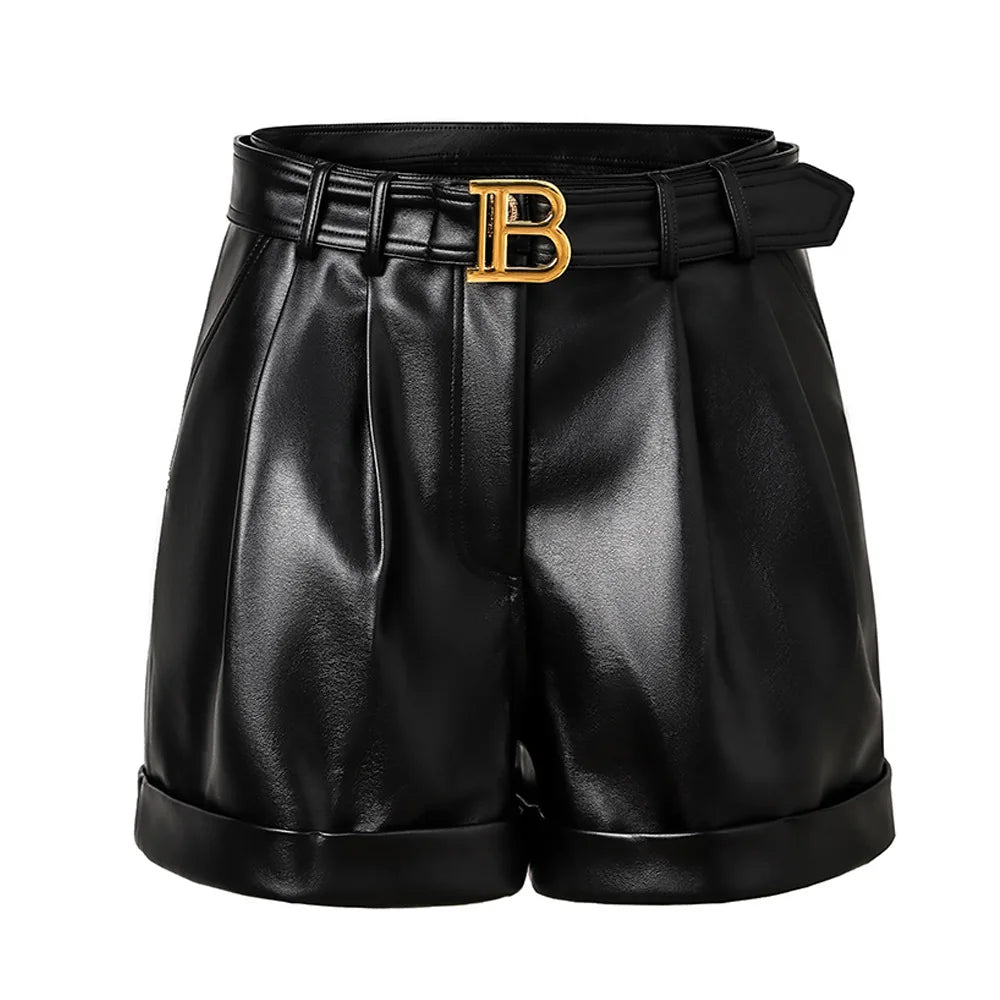 Custom PU Leather Roll Cuff Belted Shorts